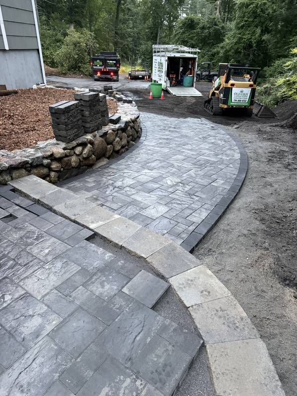 Paver Walkway, Granite Curbing & Stone Walls — Oliveira Landscaping project on the South Shore