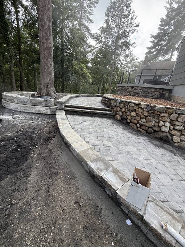 Raised tree ring and granite steps leading to the paver landing