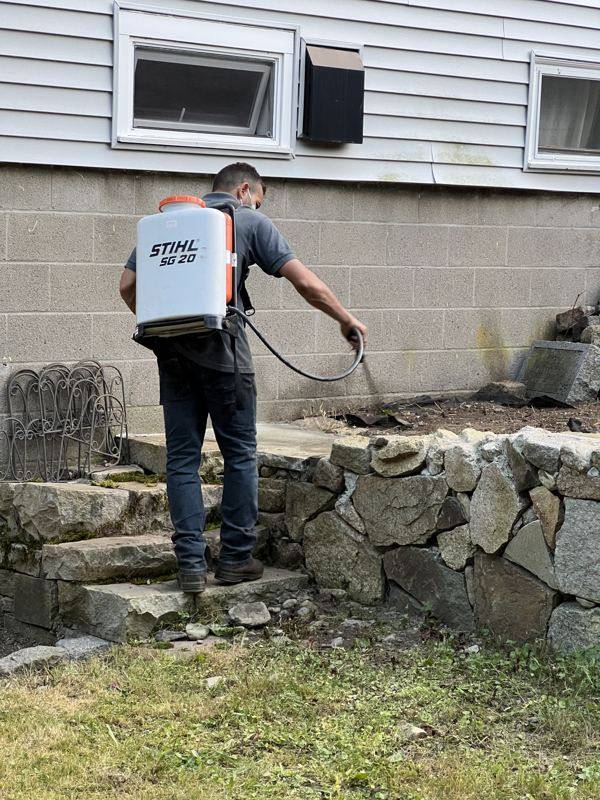 Final cleanup of the granite wall and stone stairway