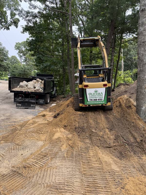 Track loader shaping the new grade around the trees